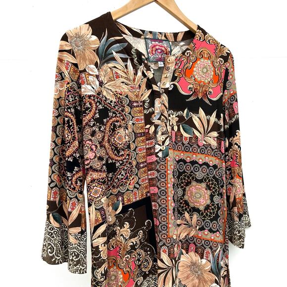 Johnny Was The Janie Favorite Button Down Henley Blouse Brown Floral XS - Picture 6 of 8